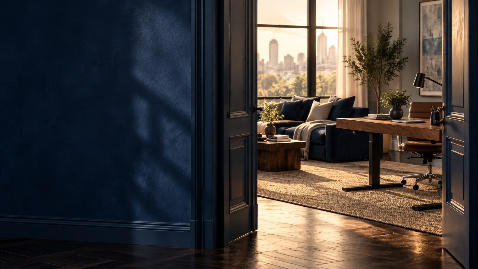 A warmly lit home office and living room framed by a dark blue doorway